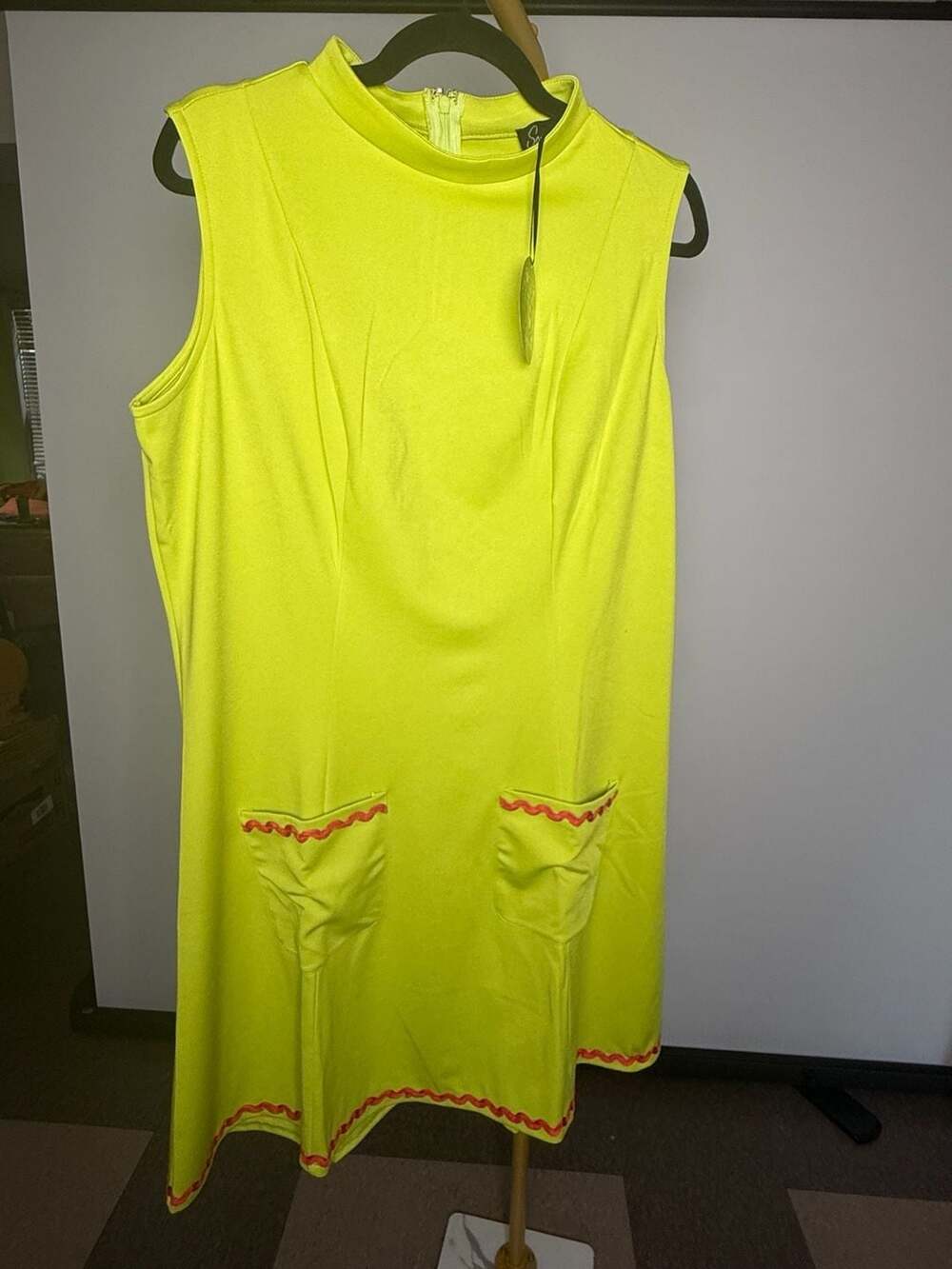 Sourpuss Retro Mod Style Neon Yellow Sleeveless Shift Dress with Ric Rac Trim